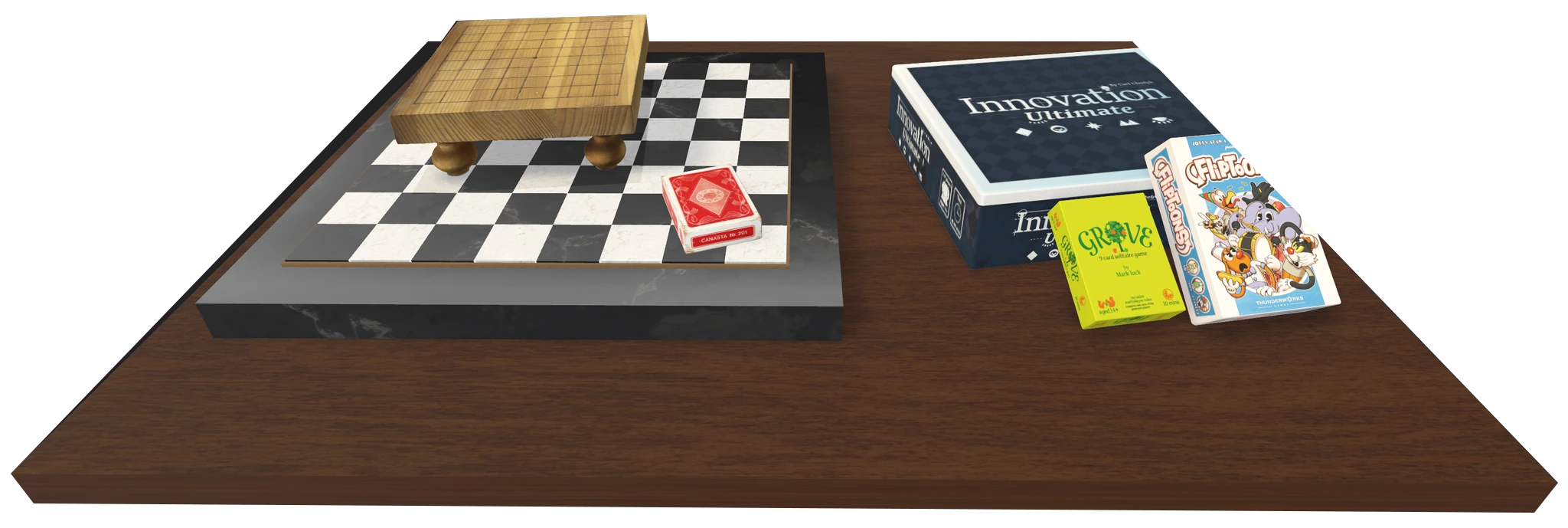 A wooden table with Go, Chess, playing cards, Innovation Ultimate, Grove, and FlipToons